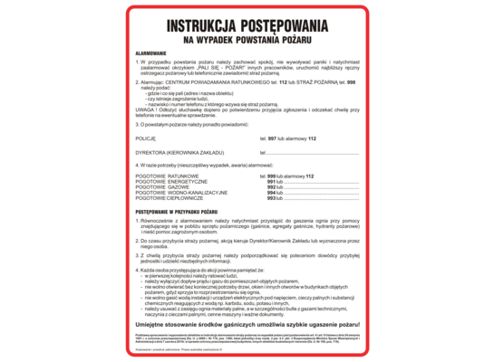 Oznaczenie "Instrukcja postępowania w przypadku powstania pożaru" 24,5 x 35