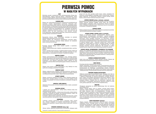 Oznaczenie ''Instrukcja Pierwsza pomoc w nagłych wypadkach" 24,5 x 35