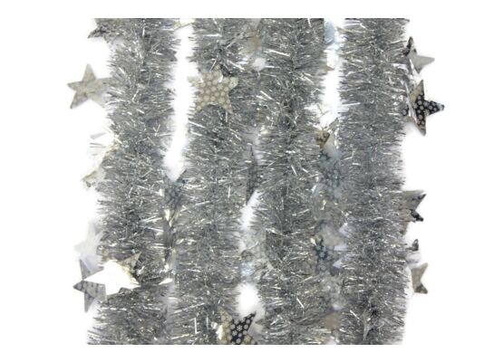 Girlanda duża gwiazdka srebrna Ø6 cm z aplikacją Ø13, 2 m