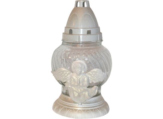 Znicz szklany z aplikacją anioł biały pozłacany 20 cm ADMIT