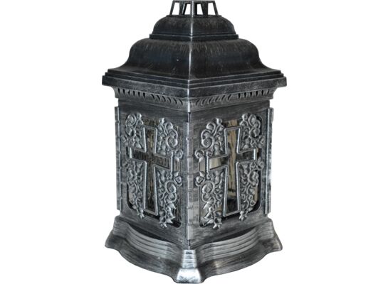 Znicz szklany w plastikowej obudowie kapliczka srebrny 26 cm krzyż ADMIT