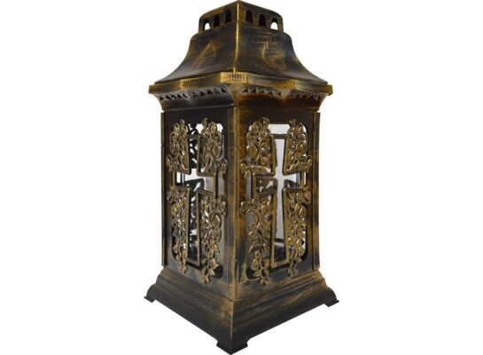 Znicz szklany w plastikowej obudowie złoty 35 cm krzyż ADMIT