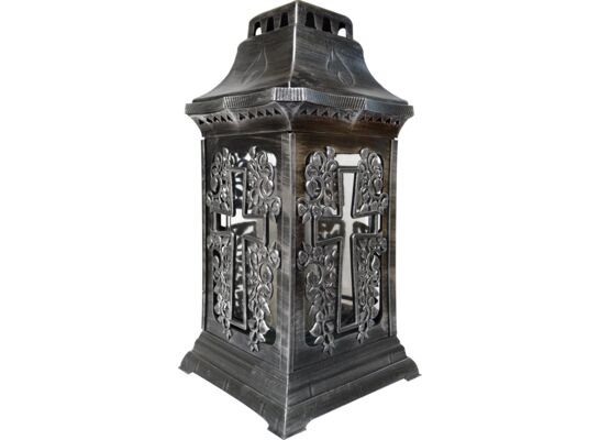 Znicz szklany w plastikowej obudowie srebrny 35 cm krzyż ADMIT