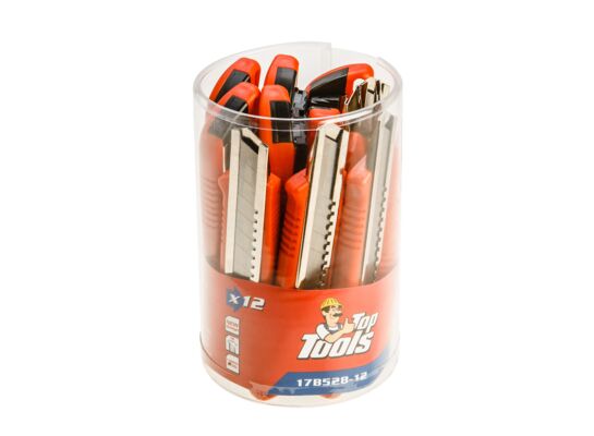 Nóż z ostrzem łamanym 18 mm, zestaw 12 sztuk, w tubie Top Tools