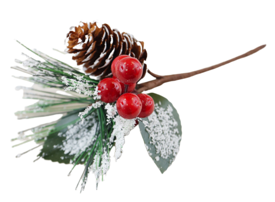 Gałązka ozdobna z ostrokrzewem i szyszką 20 cm ośnieżona