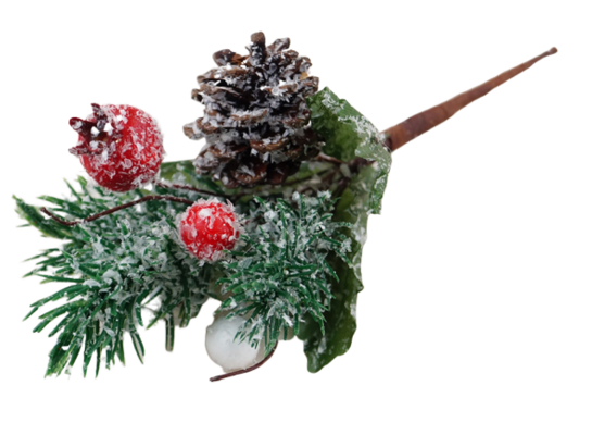 Gałązka ozdobna z ostrokrzewem i szyszką 22 cm