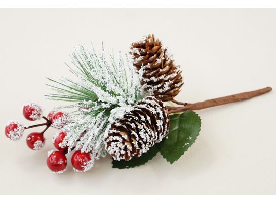 Gałązka ozdobna z szyszkami i ostrokrzewem 22 cm ośnieżona