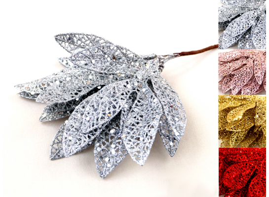 Bukiet liści brokat 20 cm mix