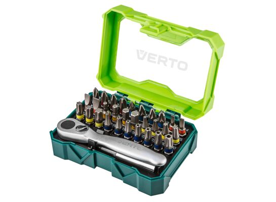 Zestaw bitów 32 sztuki, 25 mm - 4 x PH, 4 x PZ, 4 x SL, 4 x HEX, 7 x TX, 7 x TT + grzechotka do bitów VERTO
