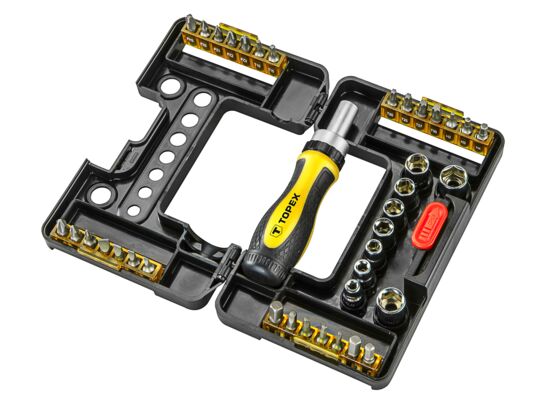 Końcówka wkrętakowa i nasadki z uchwytem, 38 sztuk TOPEX