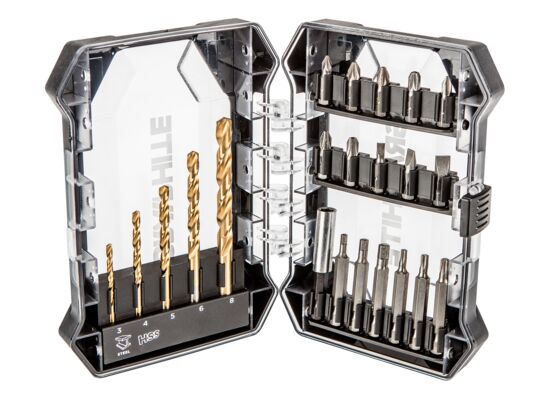 Zestaw wierteł i bitów 22 sztuki - HSS 3, 4, 5, 6, 8 mm, bity 25 mm 10 sztuk, bity 50 mm - 6 sztuk, uchwyt GRAPHITE
