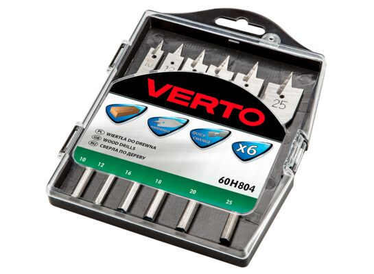 Wiertło do drewna łopatkowe, 10, 12, 16, 18, 20, 25 mm, zestaw 6 sztuk VERTO