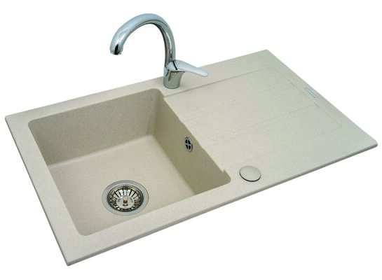 Zlewozmywak granitowy Rodos beż piaskowy + bateria Apollo chrom