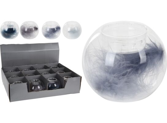 Świecznik z piórkiem szkło mix 8 cm