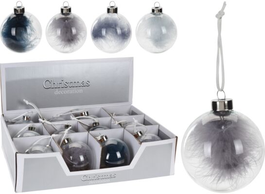 Bombka szklana przezroczysta z piórkiem 8 cm mix