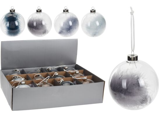 Bombka szklana przezroczysta z piórkiem 10 cm mix