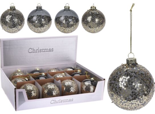 Bombka szklana dekorowana z złotymi cekinami ciemnoniebieska 8 cm mix