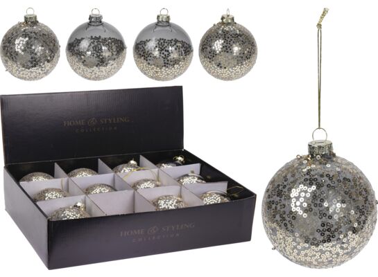 Bombka szklana dekorowana z złotymi cekinami szara 8 cm mix