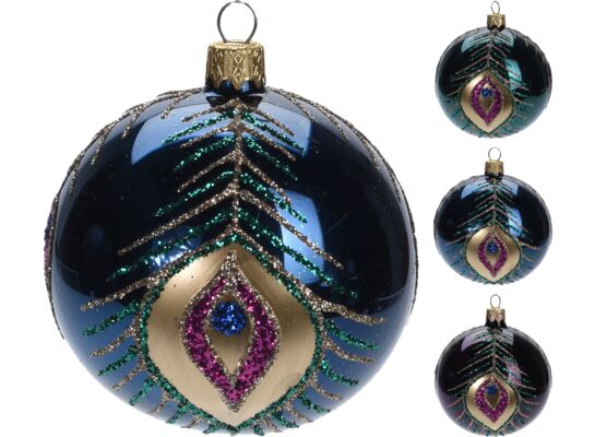 Bombka szklana zdobiona piórem pawia i brokatem 8 cm mix