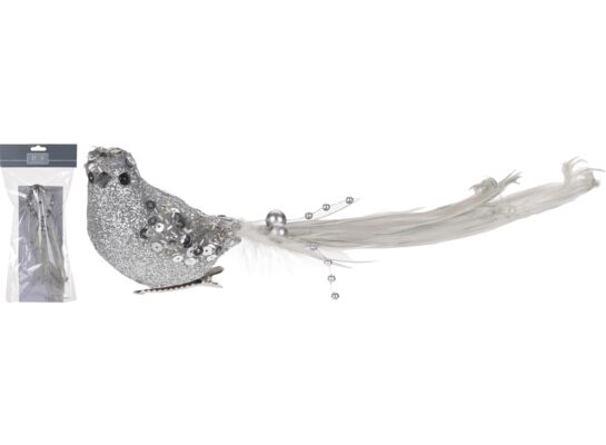 Ptak na klipsie z piórkami i brokatem srebrny 21 cm