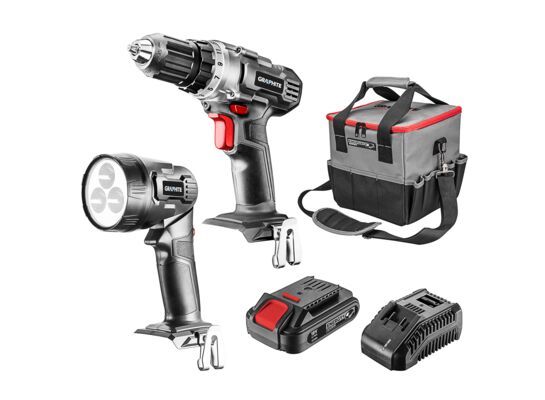 Zestaw elektronarzędzi akumulatorowych: wiertarko-wkrętarka, latarka, torba, akumulator Energy+ 18V GRAPHITE