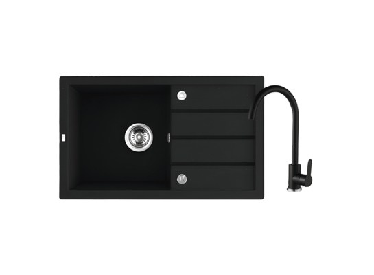 Zlewozmywak Trzynastka wpuszczany 1-komorowy z ociekaczem, syfonem i baterią 48 x 79 cm czarny LAVEO