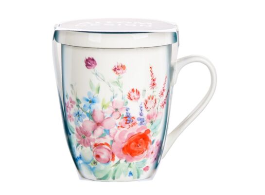 Kubek Pastelowy Kwiat z zaparzaczem i pokrywką