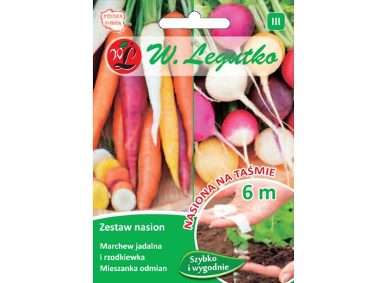 Nasiona na taśmie marchew jadalna wielobarwna i rzodkiewka wielobarwna o zgrubieniach kulistych 9 g gc. III W.Legutko