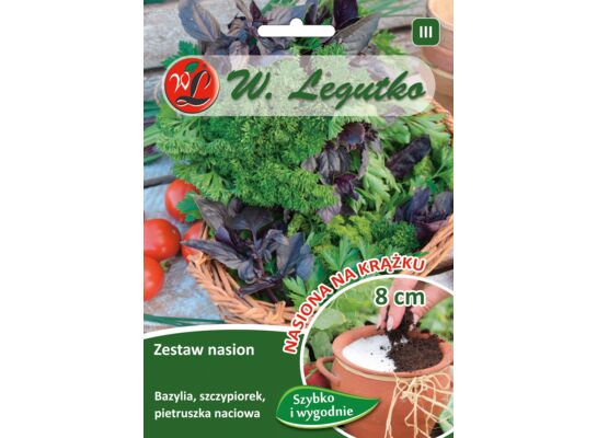 Nasiona na krążku zestaw: bazylia, szczypiorek, pietruszka W.Legutko
