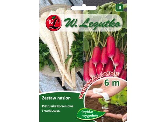 Nasiona na taśmie zestaw: pietruszka korzeniowa Halblange Berlińska i rzodkiewka wielobarwna o zgrubieniach walcowatych W.Legutko