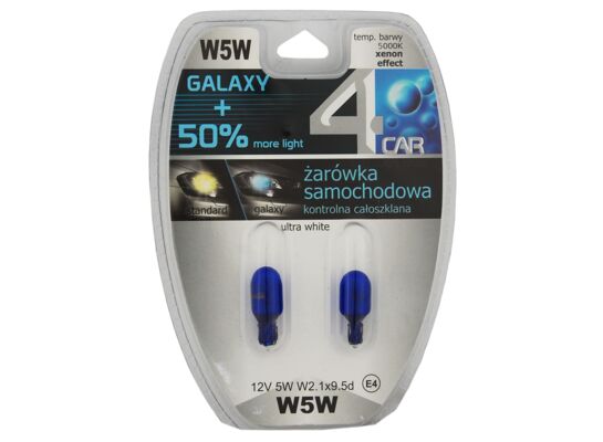 Zestaw żarówek samochodowych W5W 12V 5W całoszklana BLUE GALAXY 4CAR