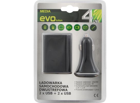 Ładowarka samochodowa dwustrefowa 2+2 USB 4,2A + kabel 4CAR