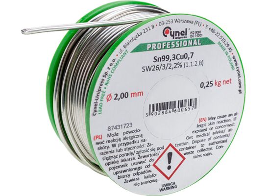 Cyna bezołowiowa Sn99,3Cu0,7 topnik SW26 2,0 mm 250 g szpulka Cynel