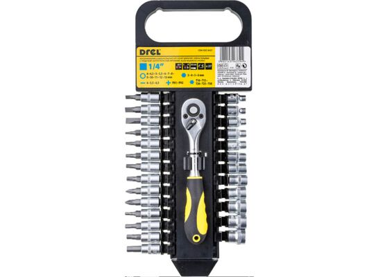 Klucz nasadowy z grzechotką 1/4'' 4,0-13 mm komplet 27 szt. Drel