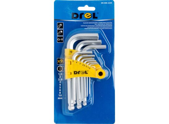 Klucz sześciokątny z końcówką kulistą 1,5-10 mm Cr-V komplet 9 szt. Drel