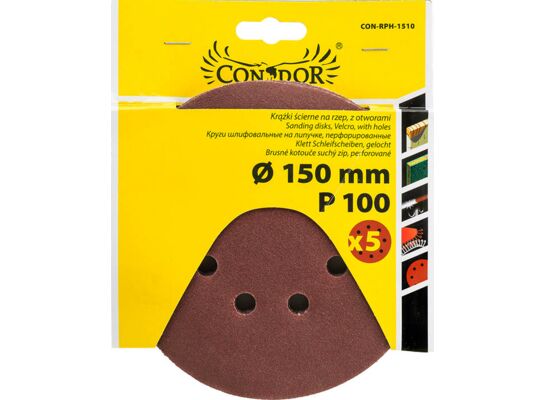 Krążek ścierny na rzep z otworami 150 mm P 100 zestaw 5 szt. Drel