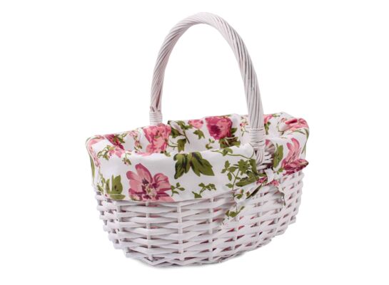 Koszyk z materiałem w róże biały 30 x 26 x 16/31 cm