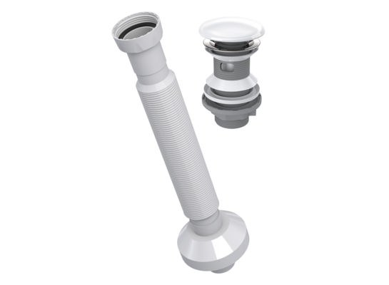 Syfon umywalkowy Universal, spust klik-klak z przelewem, czyszczony z góry, duży grzybek ceramiczny biały