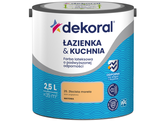 Farba lateksowa o podwyższonej odporności ŁAZIENKA & KUCHNIA Złocista morela 2,5 l Dekoral