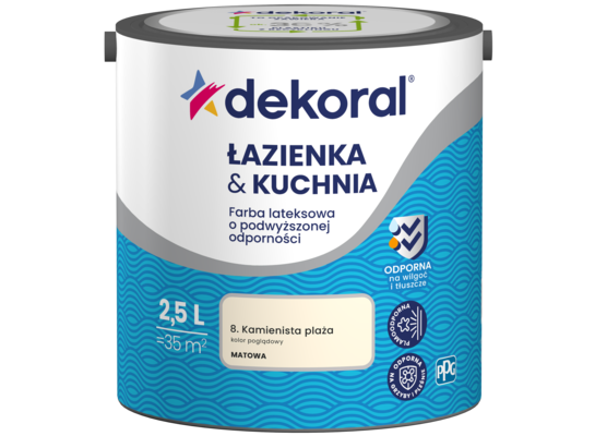 Farba lateksowa o podwyższonej odporności ŁAZIENKA & KUCHNIA Kamienista plaża 2,5 l Dekoral