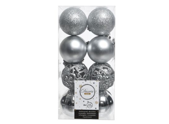 Bombka plastikowa srebrna mat/połysk/brokat 6 cm 16 sztuk