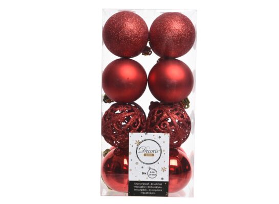 Bombka plastikowa czerwona mat/połysk/brokat 6 cm 16 sztuk