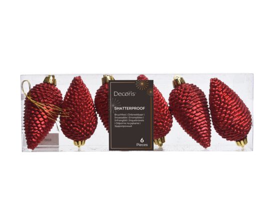 Bombka plastikowa szyszka brokatowa 8 x 4,5 cm 6 sztuk czerwony