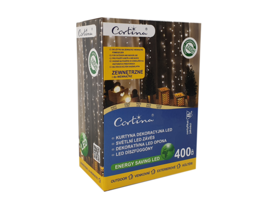 Kurtyna zewnętrzna 400 LED na transformator z programatorem druciki łezki ciepły biały Cortina