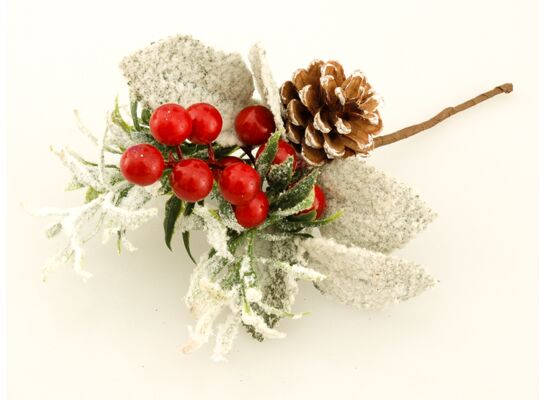Gałązka z ostrokrzewem i szyszką 22 cm ośnieżona