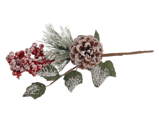 Gałązka z ostrokrzewem i szyszką 20 cm ośnieżona