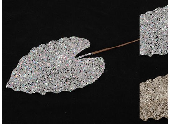 Gałązka liść brokatowy 63 cm srebrny / złoty