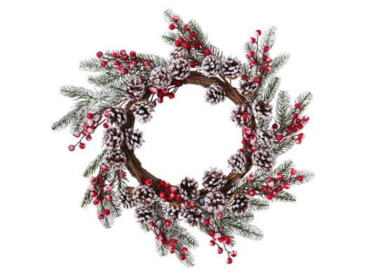 Stroik z szyszkami i ostrokrzewem 58 cm ośnieżony