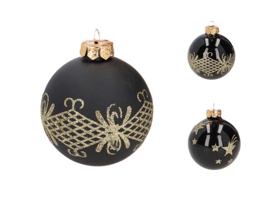Bombka szklana zdobiona 8 cm czarno-złoty mix