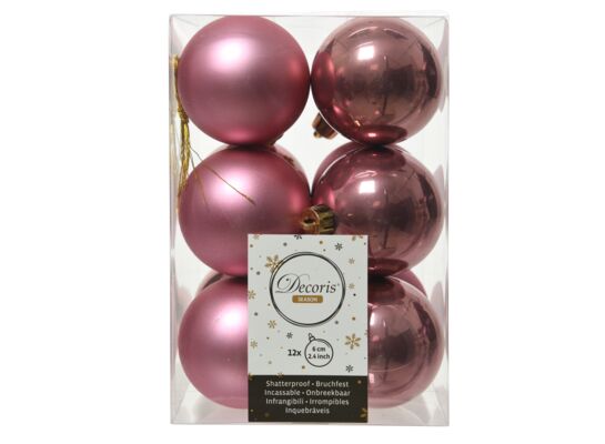 Bombka plastikowa mat/połysk/brokat różowa 6 cm 12 sztuk